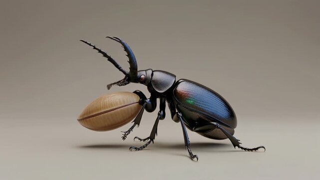 A detailed studio shot of a dark, iridescent beetle with large mandibles pushing a light-brown oval seed or nut.