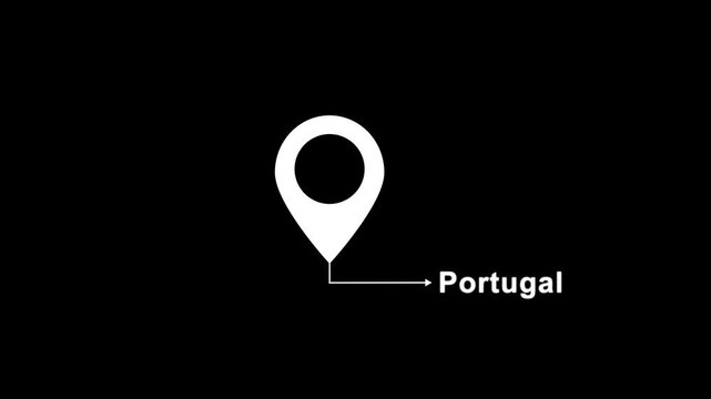 Abstract location of the city of Portugal on black screen. The name of the place with the location icon animation. Country GPS location tracking icon. location pin appearing.