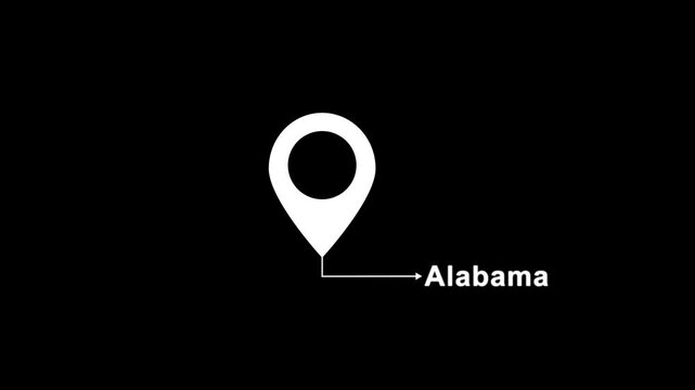 Abstract location of the city of Alabama on black screen. The name of the place with the location icon animation. Country GPS location tracking icon. location pin appearing.
