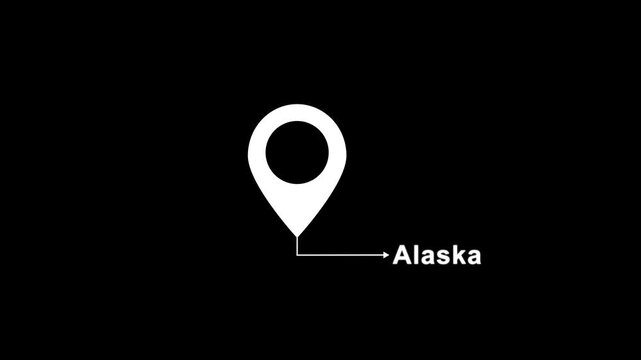 Abstract location of the city of Alaska on black screen. The name of the place with the location icon animation. Country GPS location tracking icon. location pin appearing.