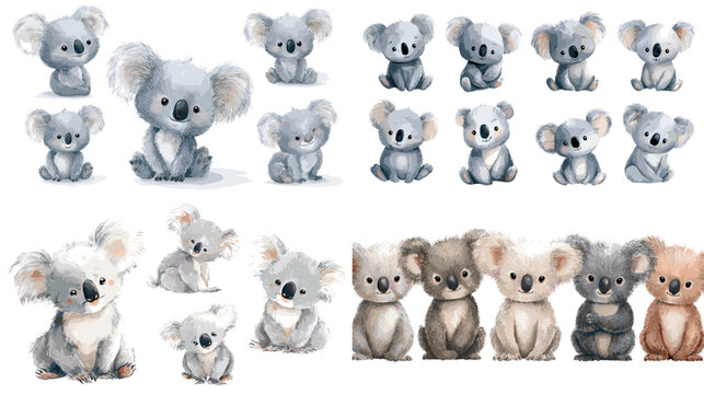 Cute watercolor illustration set of baby koalas in different poses with soft textures and gentle expressions perfect for nursery designs childrens products and animal themed artwork.