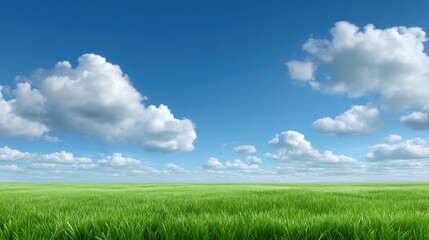 Obraz premium Lush Green Grass Landscape Under Bright Blue Sky with Fluffy White Clouds at Midday, Vibrant Nature Scene Ideal for Scenery and Outdoor Themes