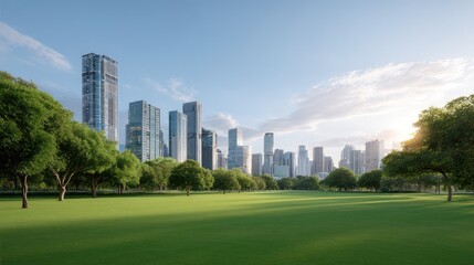 Obraz premium Urban park landscape with lush greenery and modern skyscrapers under blue sky, showcasing harmony between nature and city development