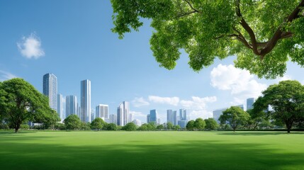 Obraz premium Lush Green Park With Urban Skyline Behind Tall Buildings and Clear Blue Sky on a Bright Sunny Day in a Modern City Landscape