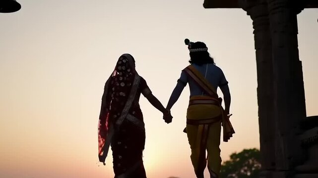 Silhouette of Radha and Krishna walking hand in hand at sunset.