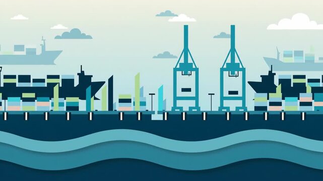A stylized port illustration showcases ships cranes cargo and layered waves rendered in a flat graphic design
