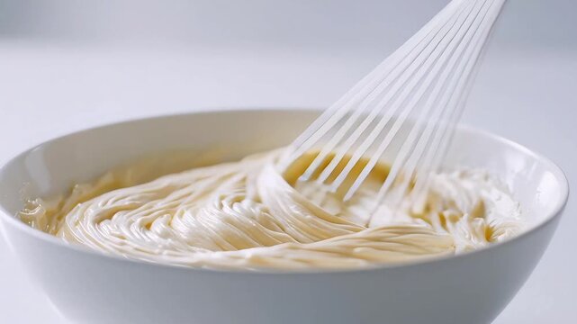 Close-up of a whisk mixing a creamy, smooth mixture in a white bowl, ideal for baking or cooking preparation