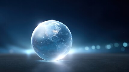 Obraz premium Crystal-clear globe with interconnected lines and glowing effects representing digital technology and global communication in a dark background.