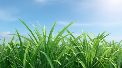 Fototapeta premium Lush Green Grass Against a Clear Blue Sky with Soft Clouds and Bright Sunlight in a Scenic Outdoor Environment