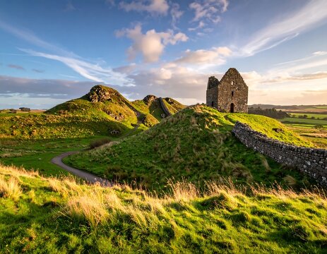 A picturesque landscape showcases rolling hills, ancient stone structures, and a winding path under a vibrant sky