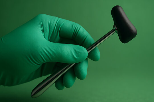 Medical doctor hand in green latex glove holding a neurological reflex hammer for patient diagnostic examination