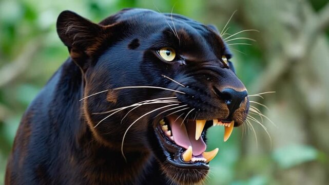Close up of a black panther snarling with its mouth open showing its sharp teeth in the jungle panther video