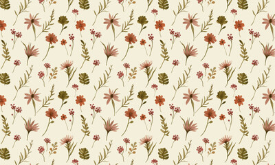 Seamless Watercolor Floral Pattern with Wildflowers and Botanical Elements on Soft Beige Background