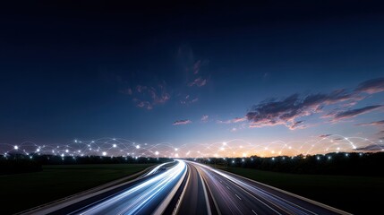 Obraz premium Dynamic Nighttime Highway Scene with Light Trails and Connected Technology Imagery Under a Colorful Sunset Sky at Dusk