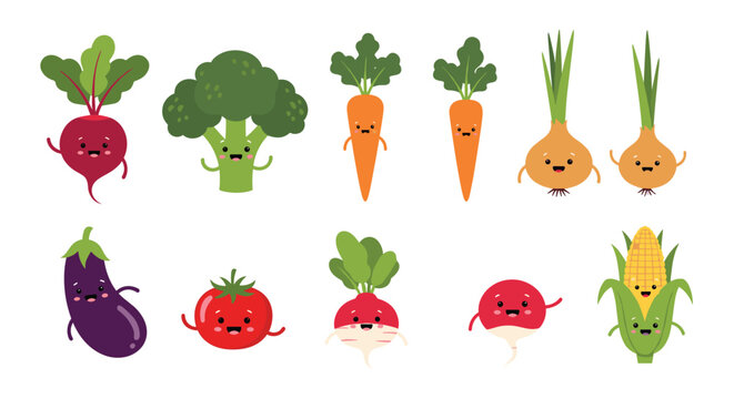 Set of cute kawaii vegetable characters with smiling faces, including beet, broccoli, carrot, onion, eggplant, tomato, radish, and corn.