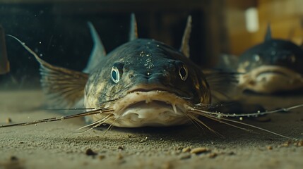Close up underwater shot of a bottom dwelling catfish resting on sandy sediment with another fish blurred in background