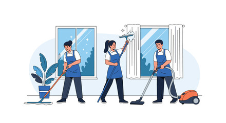 Professional cleaning service team at work, with staff mopping floors, washing windows, and vacuuming a room, ensuring a spotless home.