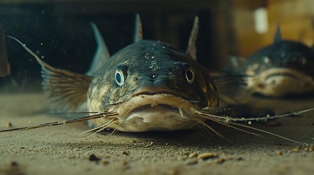 Close up underwater shot of a bottom dwelling catfish resting on sandy sediment with another fish blurred in background