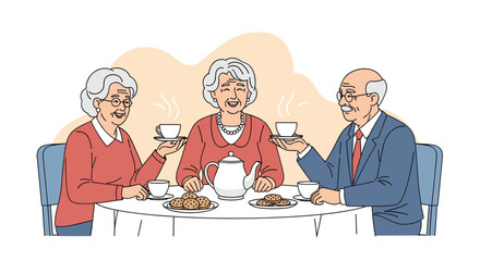 Three cheerful senior friends, two women and a man, enjoying a pleasant conversation while drinking tea and eating cookies at a table.
