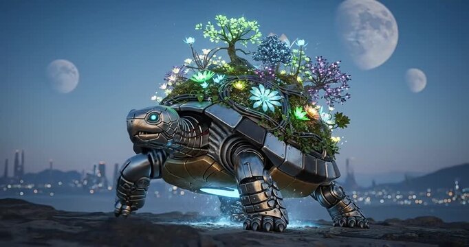 A futuristic robotic turtle adorned with vibrant flora, set against a cosmic landscape at dusk