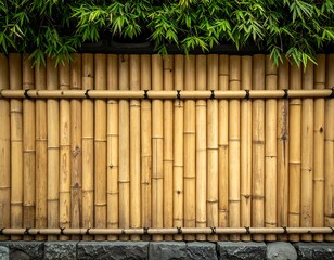 A bamboo fence topped with green foliage and dark ties, earthy tones