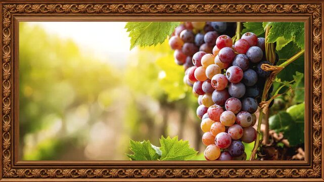 Colorful Grape Bunch with Green Leaves in Vineyard Background