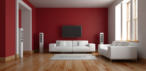 Stunning modern living room featuring a bold red accent wall, sleek white furniture, and high fidelity audio speakers