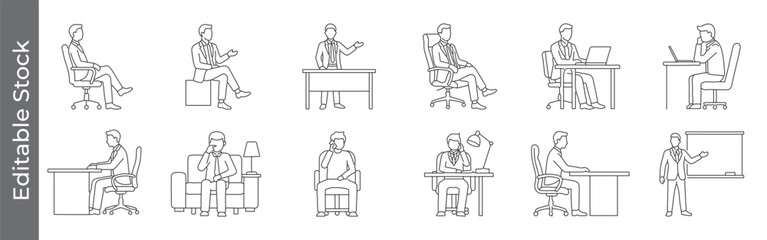 Office chair and desk worker cad style line icon set – editable outline symbols of sitting, working, reading, thinking and presenting