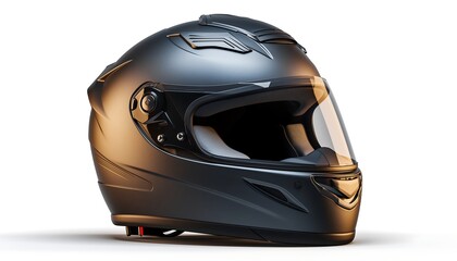 Fototapeta premium Full-face racing helmet with matte finish and detailed vents, captured in high-detail realism, isolated on a clean white background.