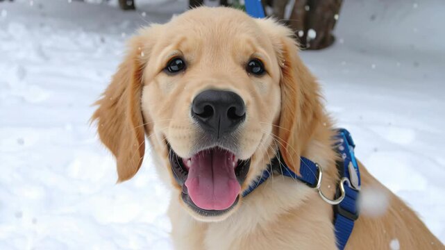 Golden retriever winter snow dog christmas pet animal puppy happy fun playing cold nature cute holiday season friend smiling snowy yard with blue harness enjoying festive cold and joyful playtime