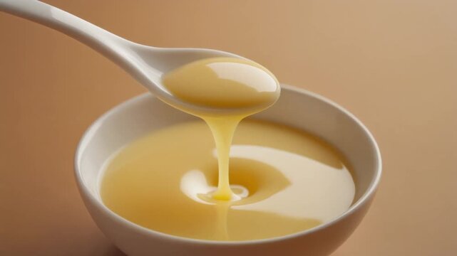 Sweet condensed milk slowly drips from a spoon into a white bowl