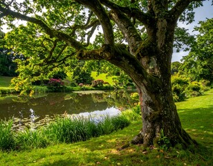 A large tree frames a pond scene with gardens under a bright sky