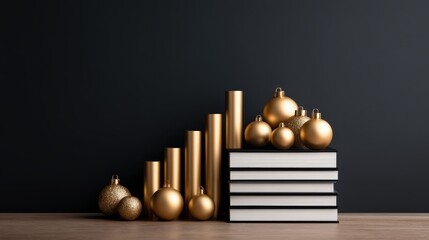 digital finance, futuristic investing, graph, analytics, Illuminating Finance Growth: Golden Graph, Ornaments, and Investment Books