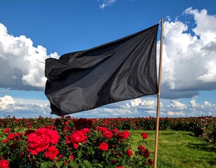 A black flag waves in a field of red roses under a blue sky
