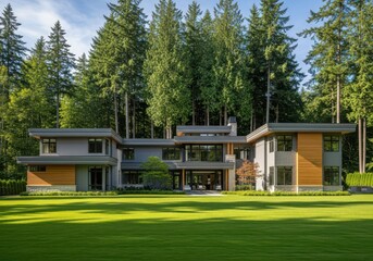 Obraz premium Modern luxury house with large windows and manicured lawn surrounded by tall trees