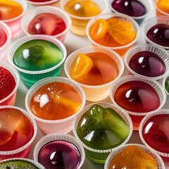 A vibrant assortment of colorful fruit-flavored gelatin desserts in individual cups, perfect for parties and celebrations