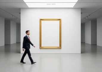 Fototapeta premium Man in a suit walks past a blank golden frame in a modern art gallery isolated on white background