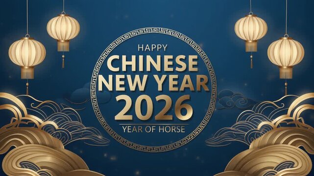 Happy Chinese New Year 2026 Year of the Horse celebration with golden lanterns