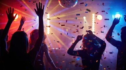 Silhouette of people dancing at nightclub party with disco ball and colorful laser beams.