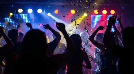 Silhouette of happy crowd dancing at music concert or nightclub with colorful stage lights and confetti.