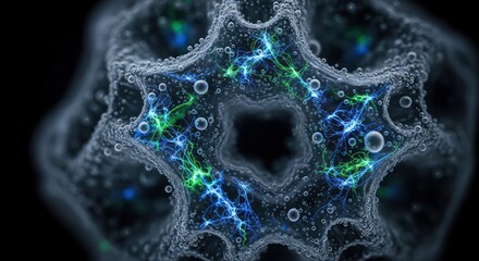 Intricate cellular microcosm with glowing electrical impulses and surrounding aqueous atmosphere