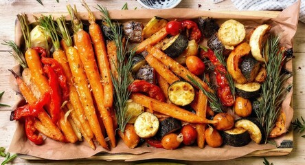 A vibrant platter of roasted vegetables featuring carrots, peppers, and various herbs, beautifully arranged for a healthy, colorful meal.