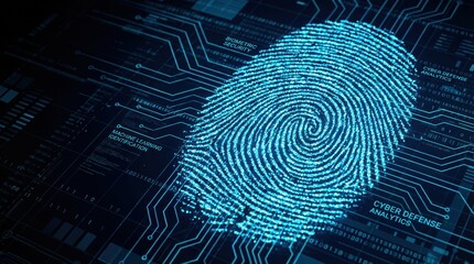 A digital fingerprint with data patterns, representing cybersecurity and biometric identification in a high-tech interface.
