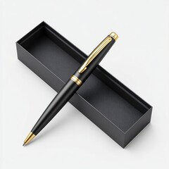 A sleek black pen with gold accents rests inside a textured black box, showcasing elegance and sophistication in design.