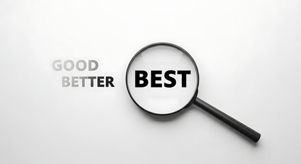 Magnifying glass focuses on best choice among good and better options displayed