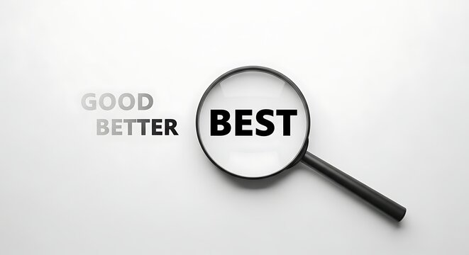 Magnifying glass focuses on best choice among good and better options displayed