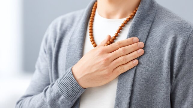 A person with a wooden bead necklace places their hand on their heart, conveying a sense of mindfulness or gratitude.