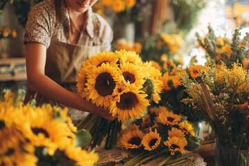 Arranging a beautiful bouquet of sunflowers.