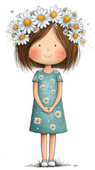 Cute cartoon illustration of a little girl wearing a daisy crown.