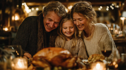 Family Joyful Portrait with Festive String Lights, Three Generations Standing Side by Side Smiling at Roast Turkey, Cozy Christmas or Thanksgiving Scene